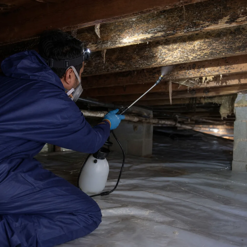 Technician in protective suit performing professional crawl space mold remediation.