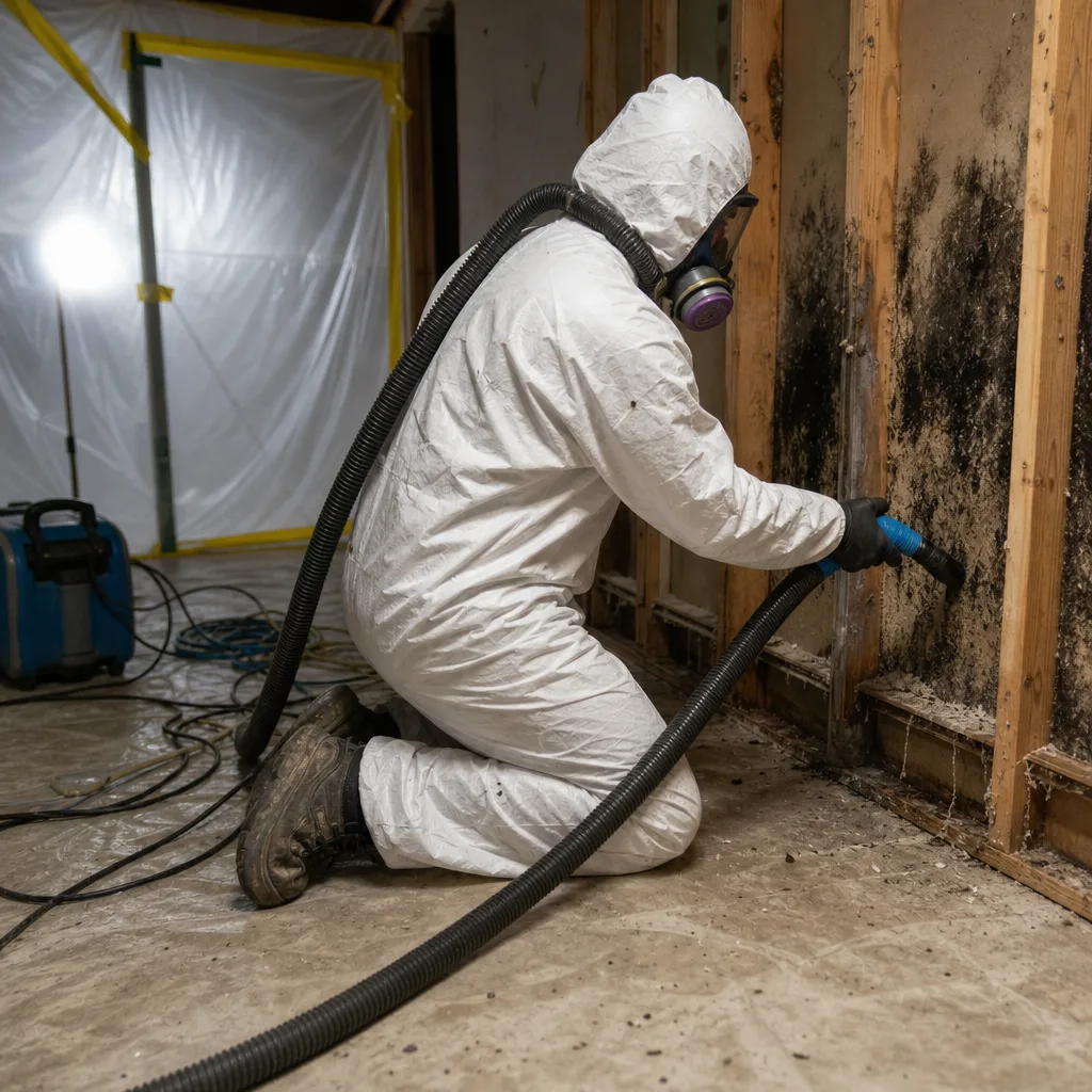Technician in protective suit performing professional mold remediation on wall studs
