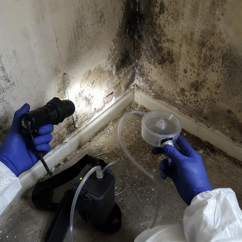 Professional technician performing mold air quality testing in a water damaged room