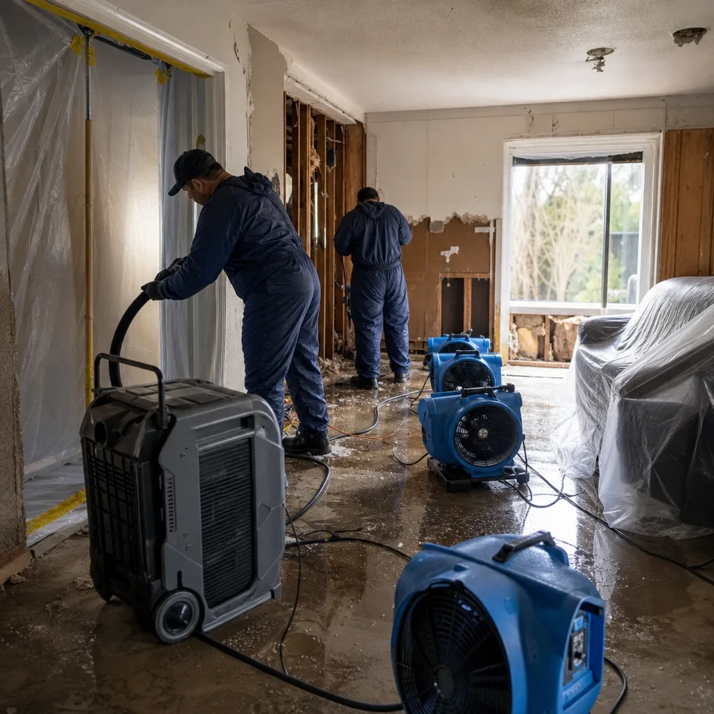 Water damage restoration specialists using industrial dehumidifiers in a flooded home