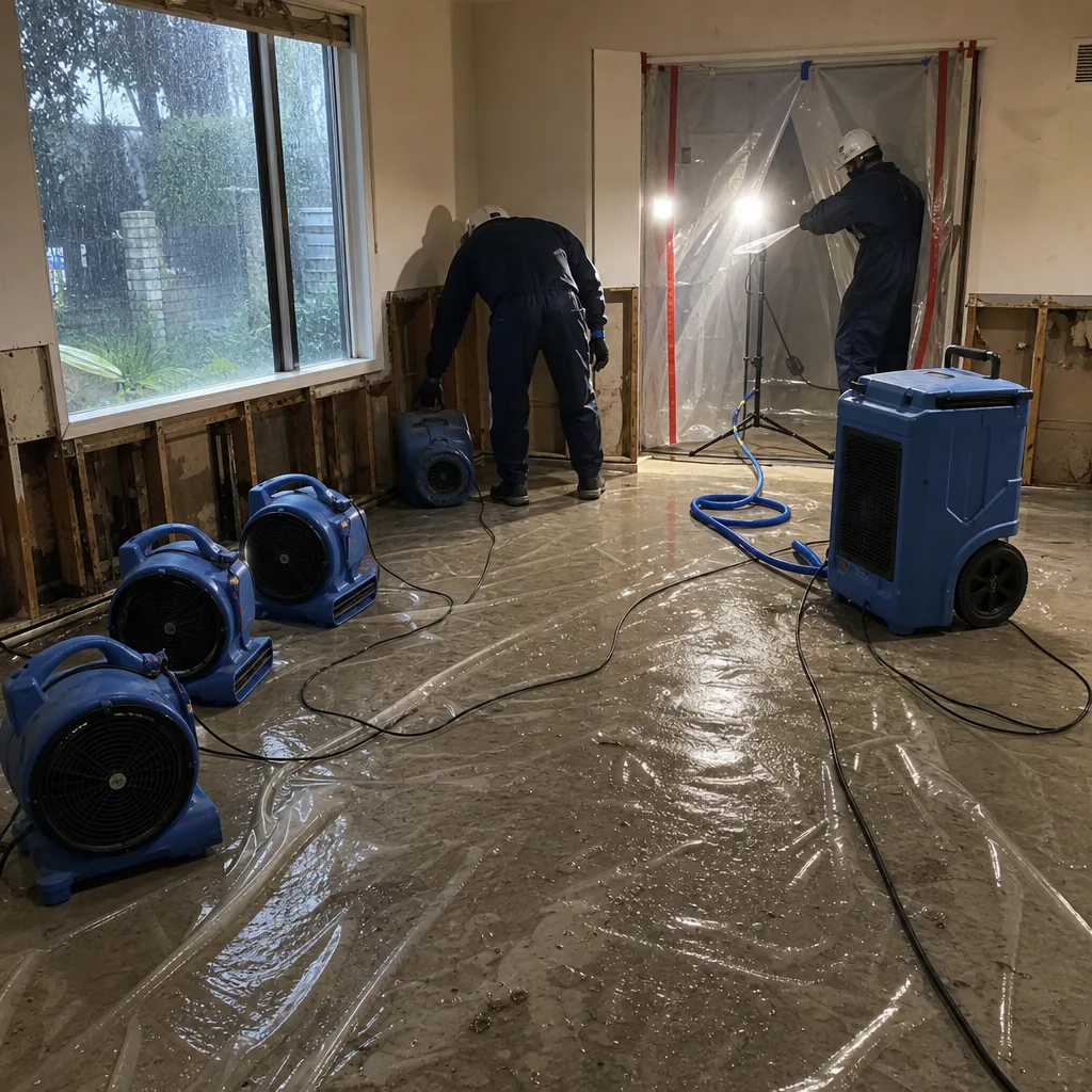 Technicians performing professional water damage restoration with industrial drying equipment