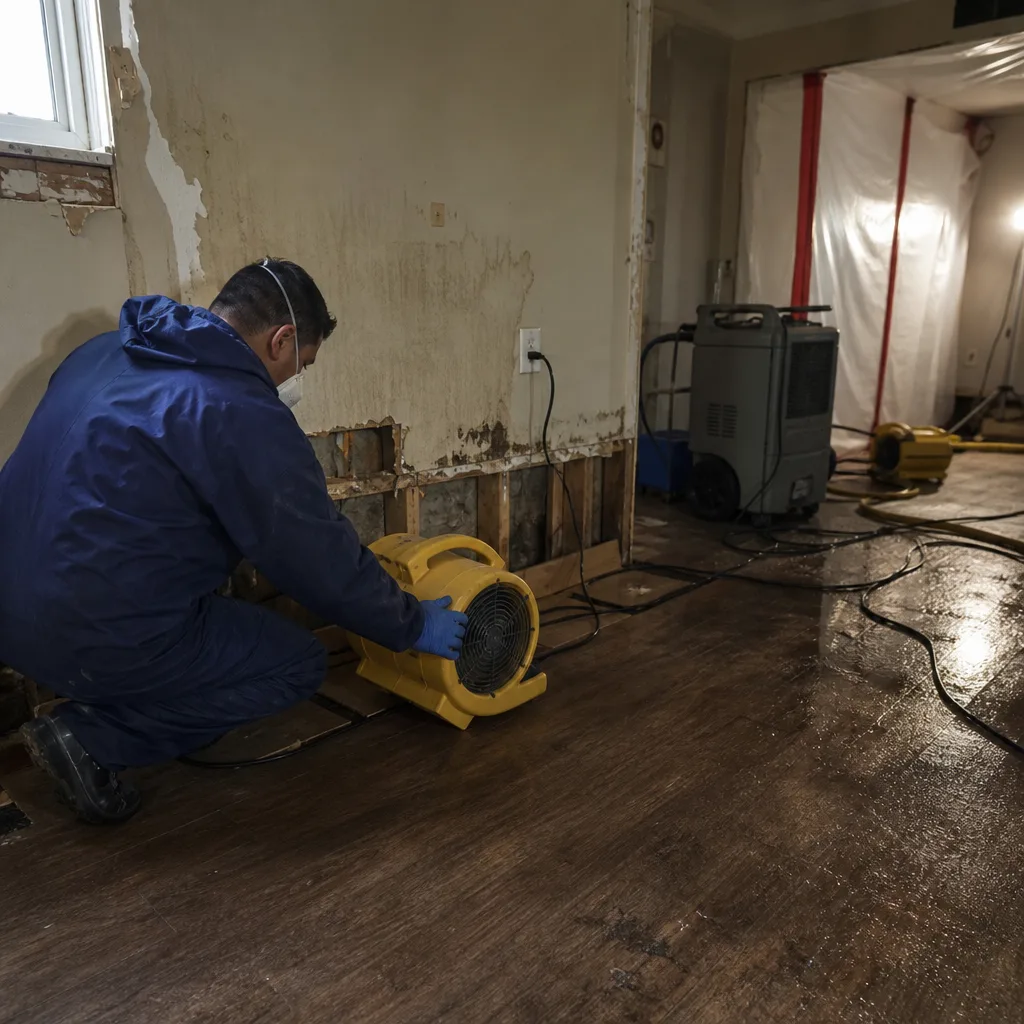 Professional restoration technician setting up an air mover for water damage repair