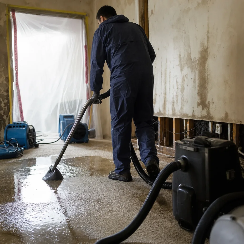 Water damage restoration professional using industrial vacuum on wet carpet