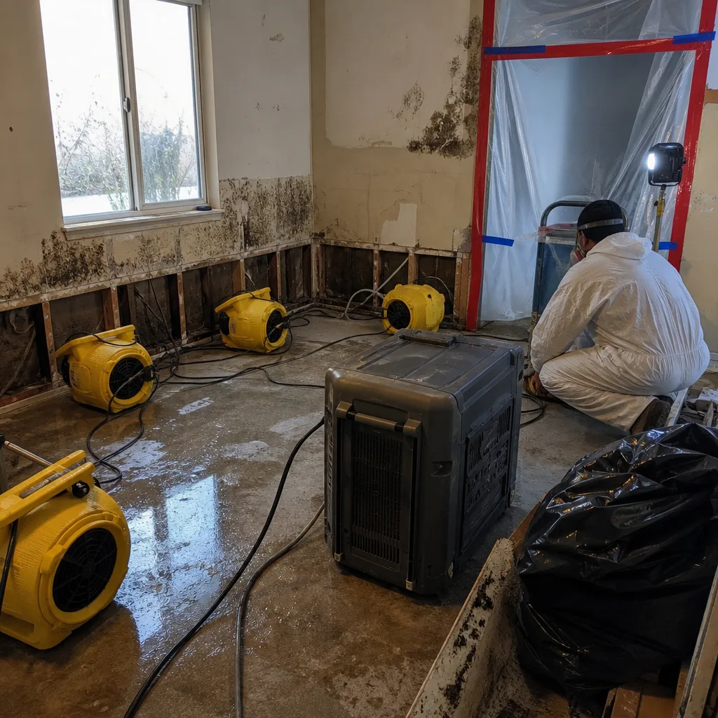 Professional technician performing water damage restoration with industrial drying equipment