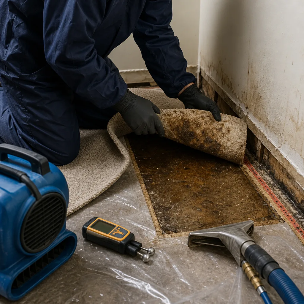 Professional technician inspecting water damaged subflooring during carpet restoration